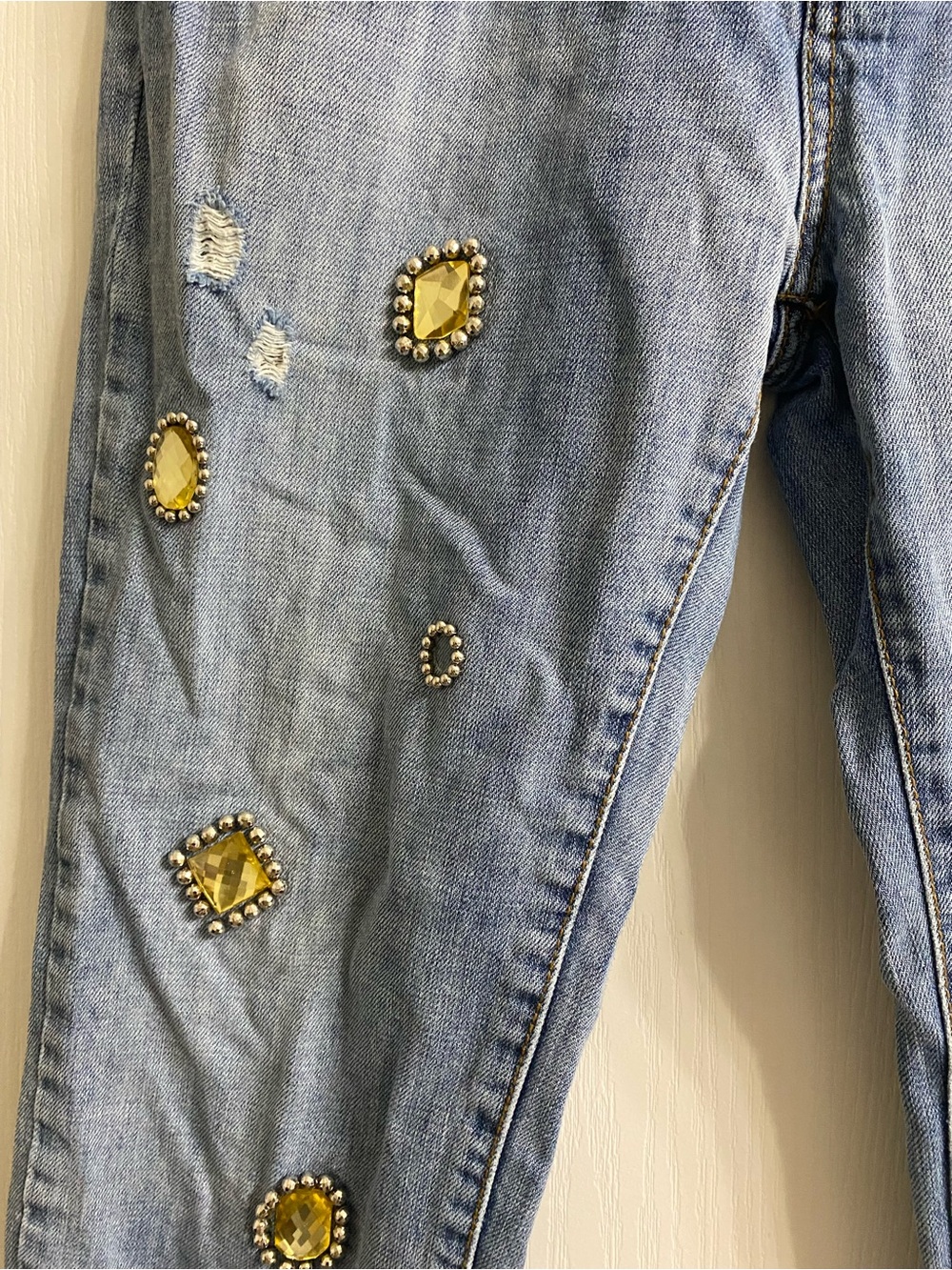 By Flow Korea Amber Jeweled Statement Distressed Ankle Y2K Whimsigoth Jeans Sz M - Picture 7 of 15